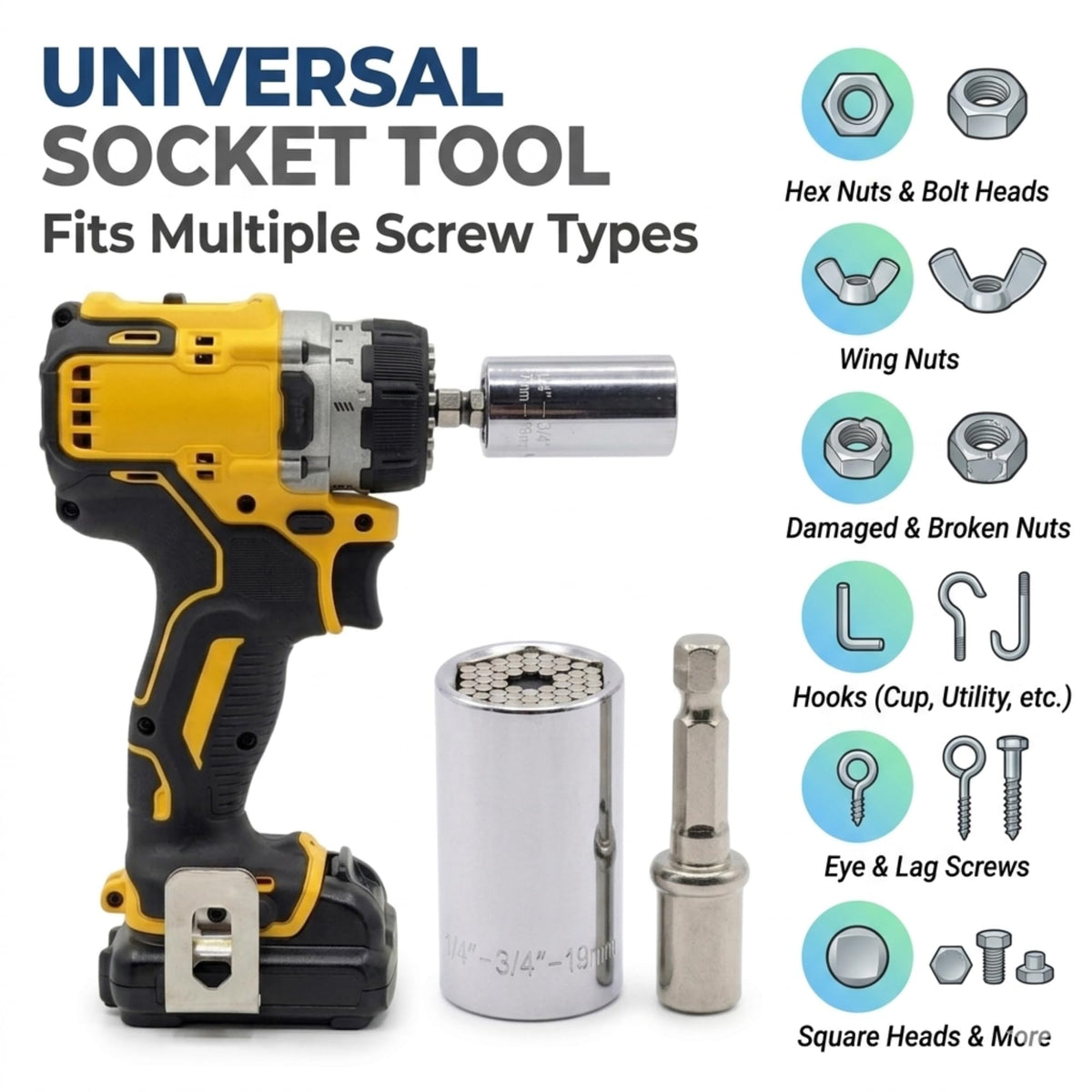 SSI Universal Socket Wrench with Power Drill Adapter - Fits Standard 1/4''