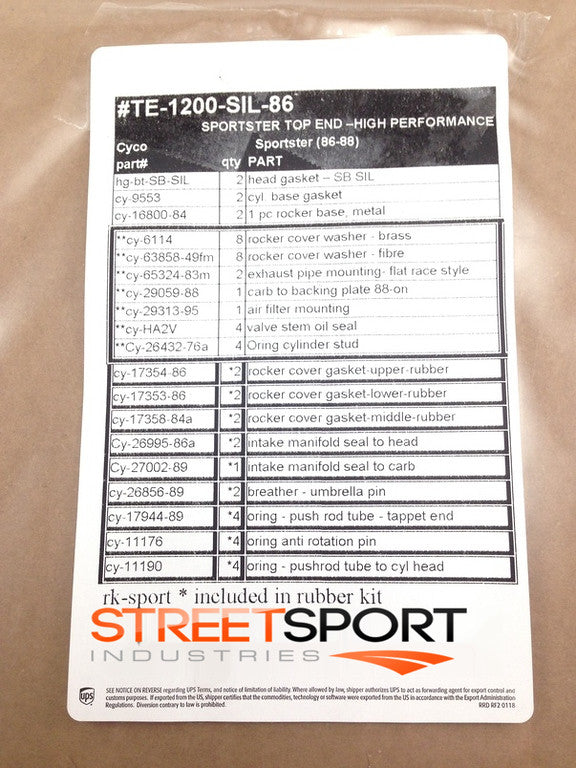 Harley Davidson Sportster 1200 "1986 - 1988" Top End Gasket Kit Silicone - NEW!!